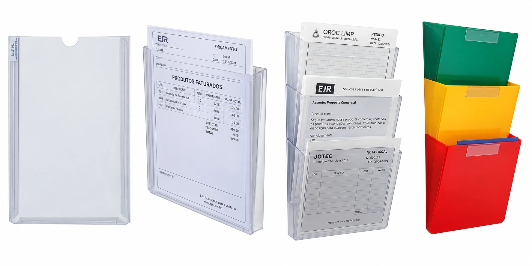 Displays e porta-documentos para organizar avisos, formulários e informações da rotina.