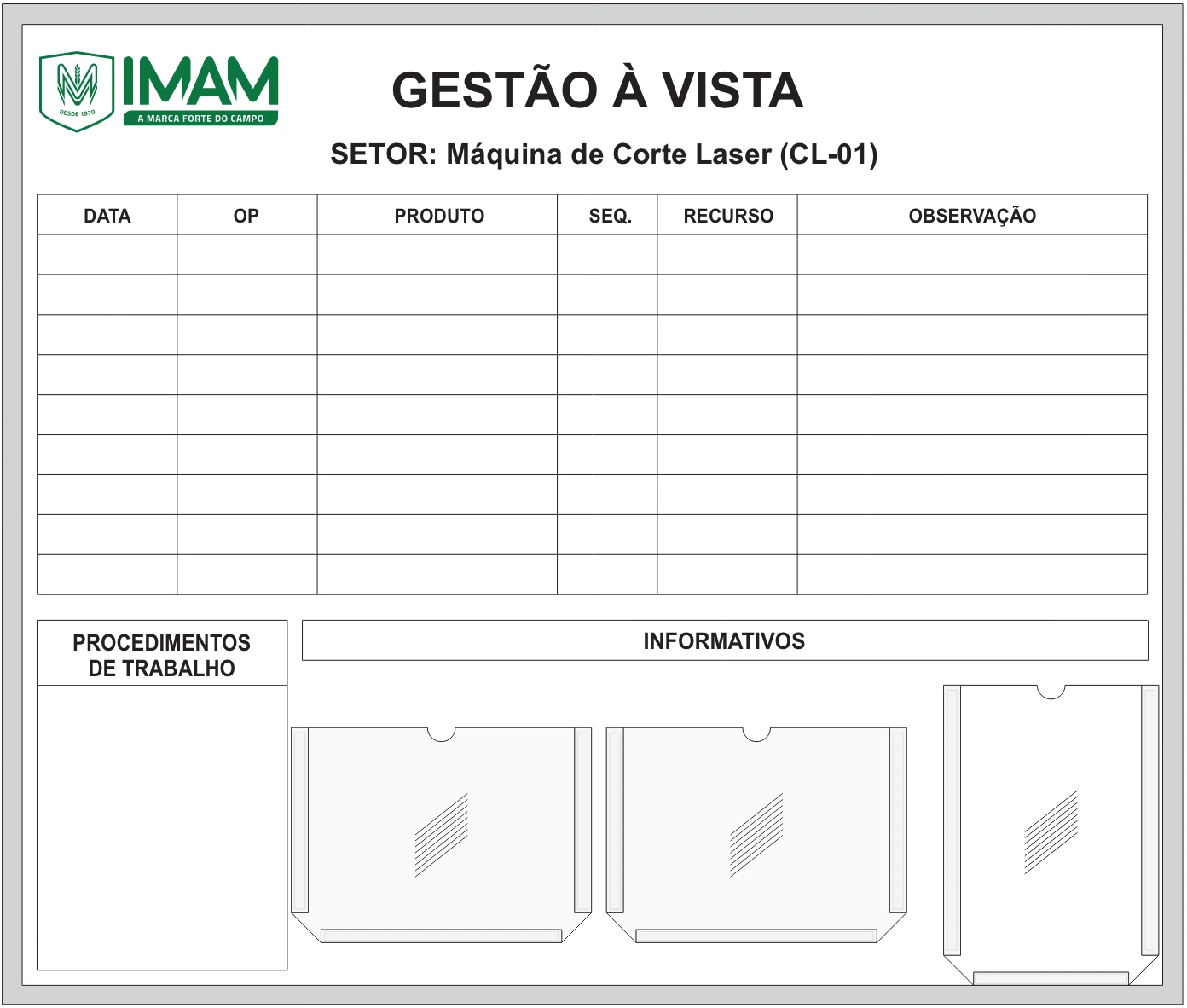 Quadro personalizado de gestão à vista com tabela de produção e porta-documentos